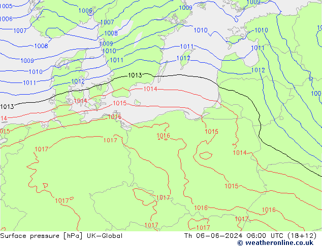 Atmosférický tlak UK-Global Čt 06.06.2024 06 UTC