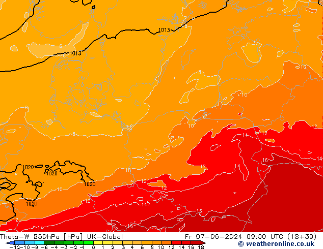 Theta-W 850hPa UK-Global vr 07.06.2024 09 UTC