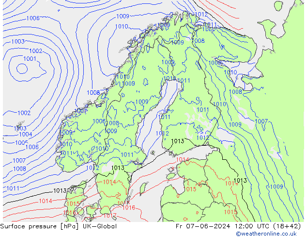 Atmosférický tlak UK-Global Pá 07.06.2024 12 UTC