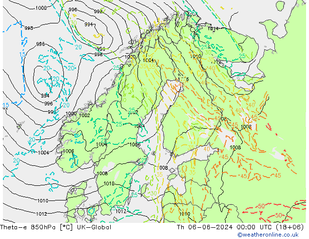 Theta-e 850hPa UK-Global Qui 06.06.2024 00 UTC