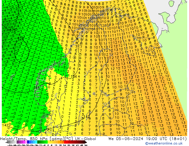 Height/Temp. 850 hPa UK-Global We 05.06.2024 19 UTC