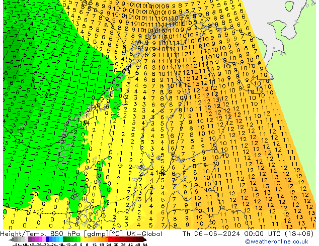 Géop./Temp. 850 hPa UK-Global jeu 06.06.2024 00 UTC