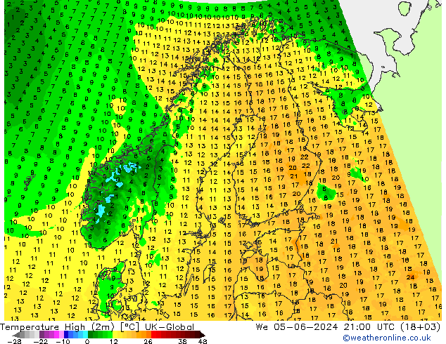 Temperatura máx. (2m) UK-Global mié 05.06.2024 21 UTC