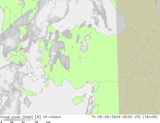 Cloud cover (total) UK-Global Th 06.06.2024 00 UTC