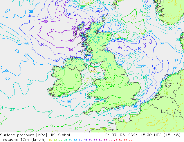 Isotachs (kph) UK-Global Fr 07.06.2024 18 UTC