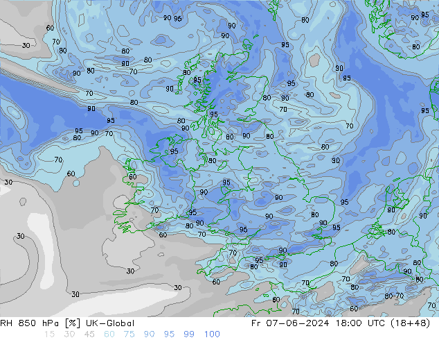 Humidité rel. 850 hPa UK-Global ven 07.06.2024 18 UTC