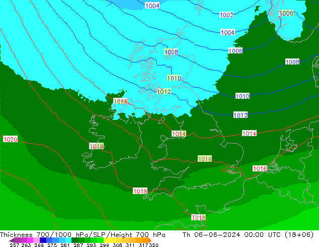 Thck 700-1000 hPa UK-Global  06.06.2024 00 UTC