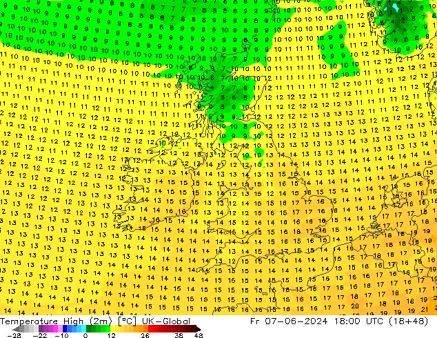 temperatura máx. (2m) UK-Global Sex 07.06.2024 18 UTC