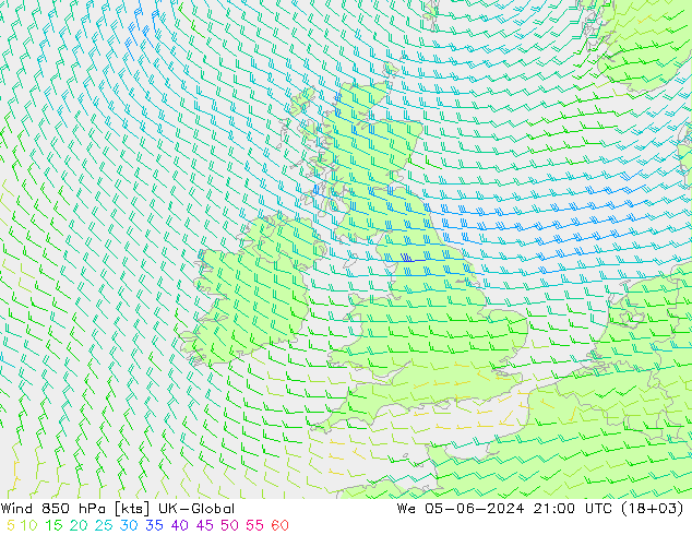 Wind 850 hPa UK-Global wo 05.06.2024 21 UTC