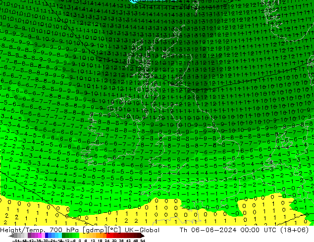 Height/Temp. 700 hPa UK-Global Qui 06.06.2024 00 UTC