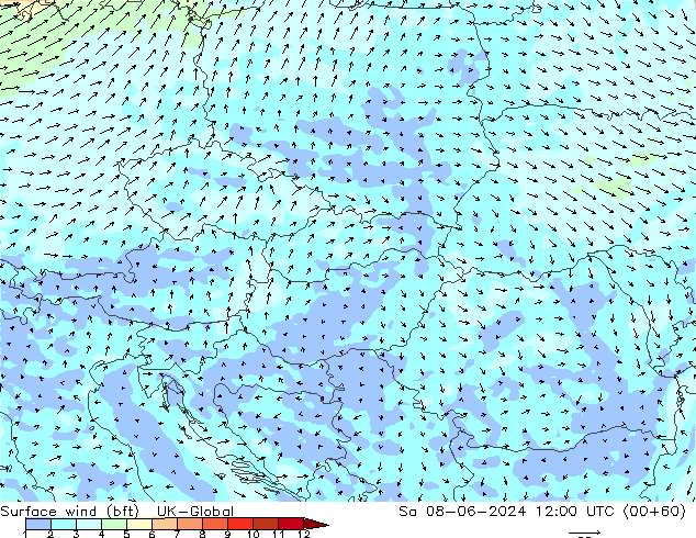 Vent 10 m (bft) UK-Global sam 08.06.2024 12 UTC