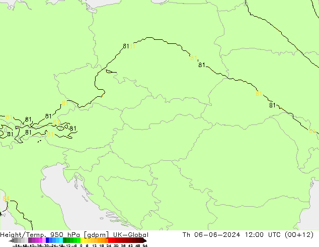 Height/Temp. 950 hPa UK-Global czw. 06.06.2024 12 UTC