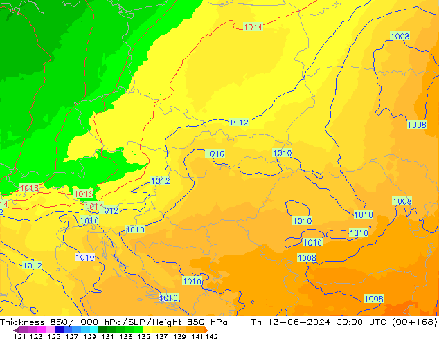 Espesor 850-1000 hPa UK-Global jue 13.06.2024 00 UTC