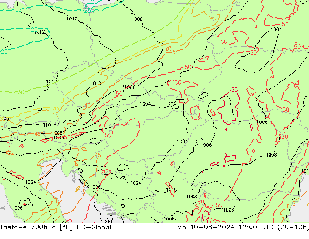 Theta-e 700hPa UK-Global Mo 10.06.2024 12 UTC