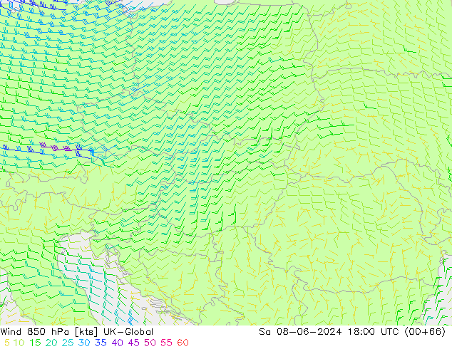 Wind 850 hPa UK-Global za 08.06.2024 18 UTC