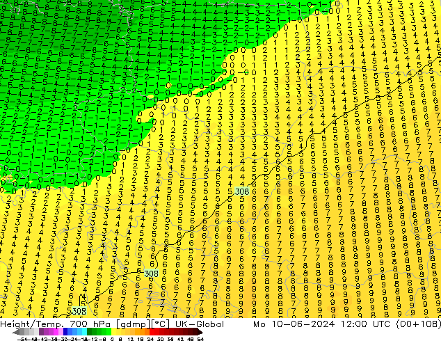 Height/Temp. 700 hPa UK-Global Mo 10.06.2024 12 UTC