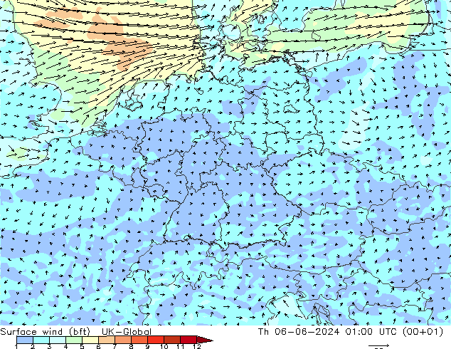 Surface wind (bft) UK-Global Th 06.06.2024 01 UTC