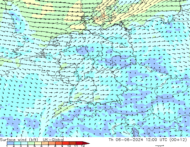 Surface wind (bft) UK-Global Th 06.06.2024 12 UTC