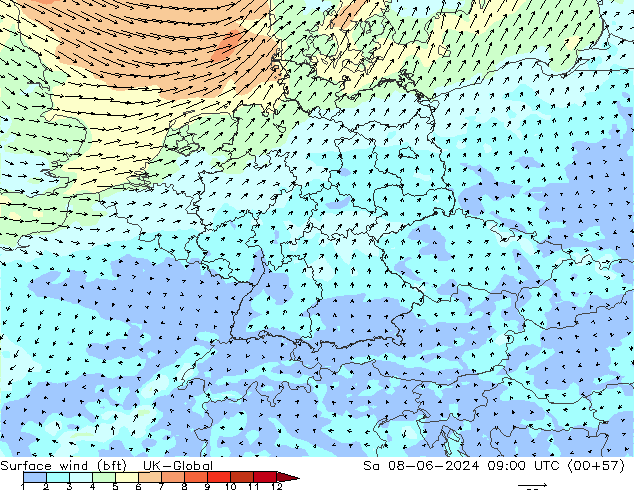 Vento 10 m (bft) UK-Global Sáb 08.06.2024 09 UTC