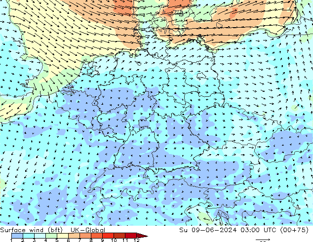 Surface wind (bft) UK-Global Su 09.06.2024 03 UTC