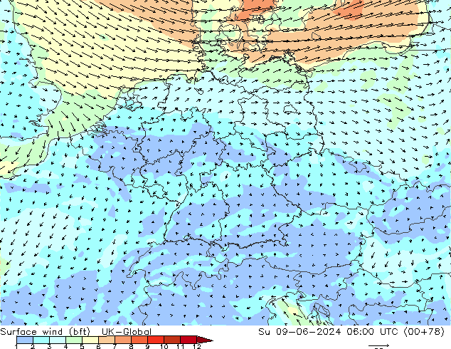 Rüzgar 10 m (bft) UK-Global Paz 09.06.2024 06 UTC