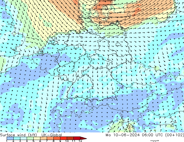 Rüzgar 10 m (bft) UK-Global Pzt 10.06.2024 06 UTC