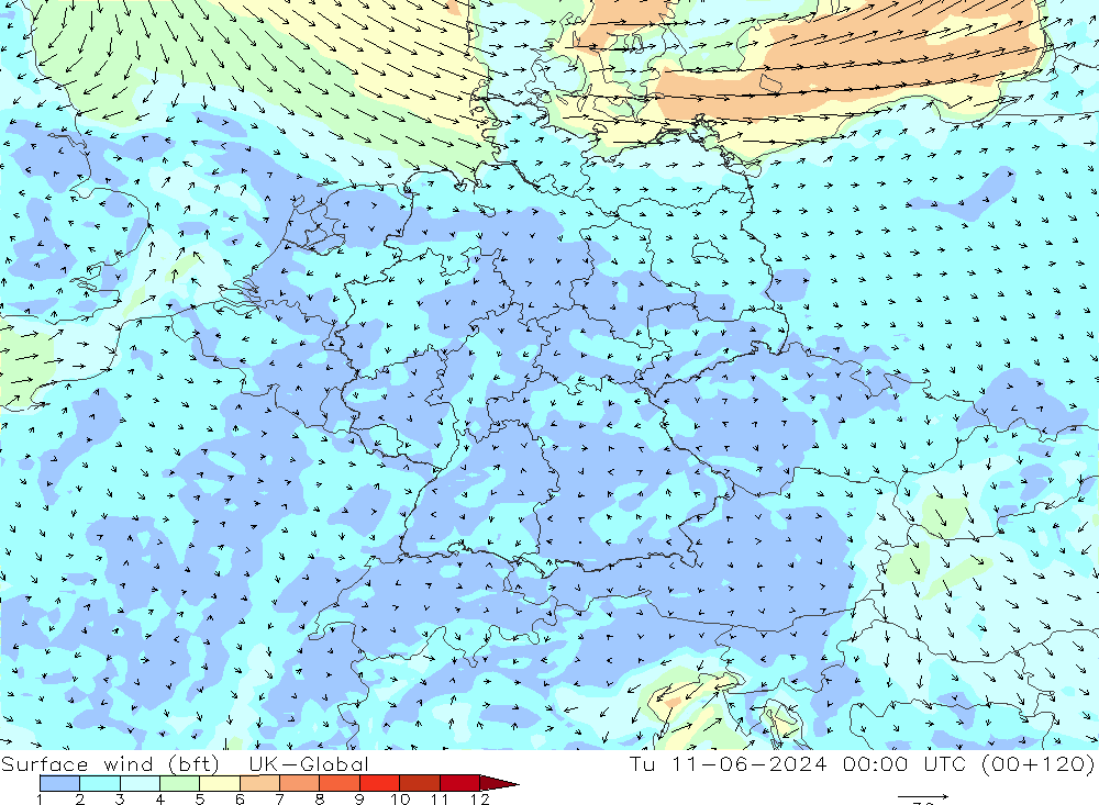 Rüzgar 10 m (bft) UK-Global Sa 11.06.2024 00 UTC
