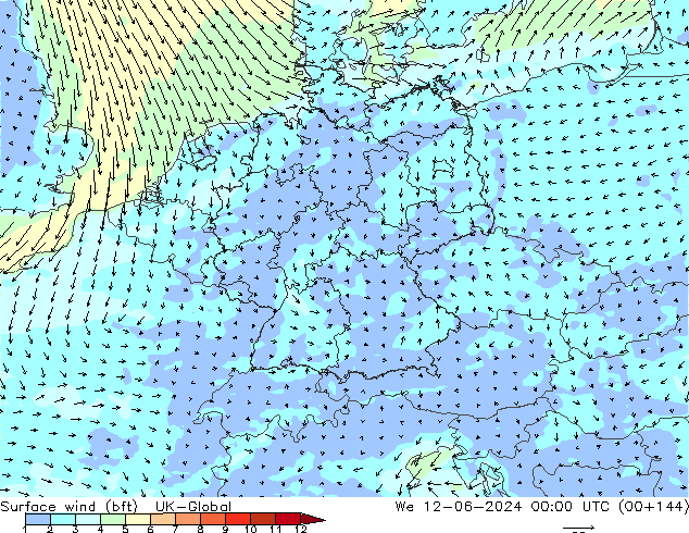 Rüzgar 10 m (bft) UK-Global Çar 12.06.2024 00 UTC