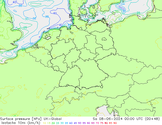 Isotachs (kph) UK-Global Sáb 08.06.2024 00 UTC