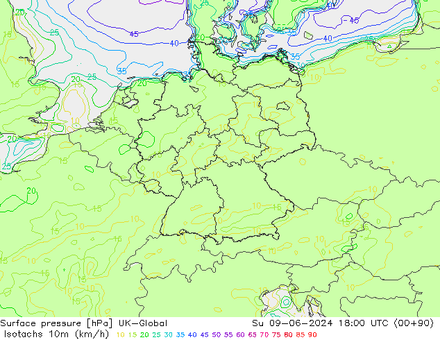 Eşrüzgar Hızları (km/sa) UK-Global Paz 09.06.2024 18 UTC