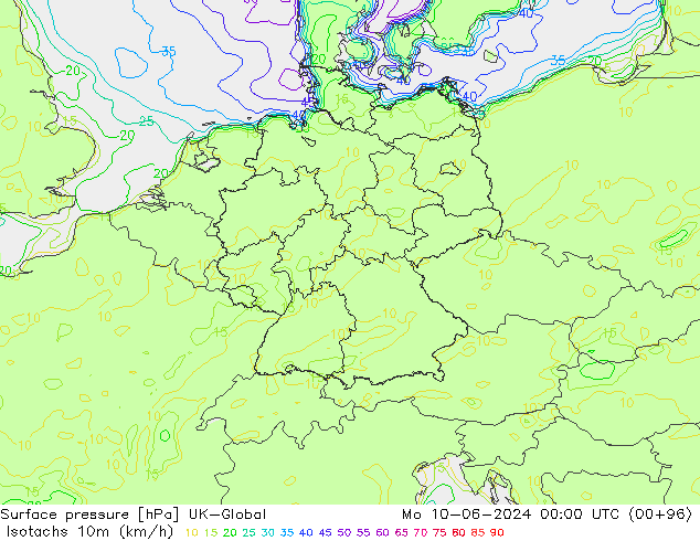 Izotacha (km/godz) UK-Global pon. 10.06.2024 00 UTC