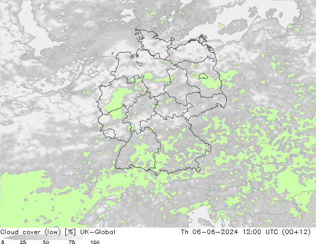 Cloud cover (low) UK-Global Th 06.06.2024 12 UTC