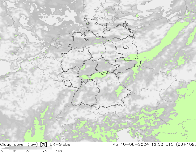 Cloud cover (low) UK-Global Mo 10.06.2024 12 UTC