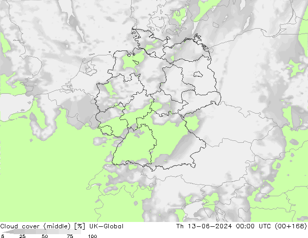 Cloud cover (middle) UK-Global Th 13.06.2024 00 UTC