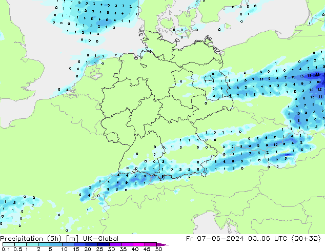 Precipitation (6h) UK-Global Pá 07.06.2024 06 UTC