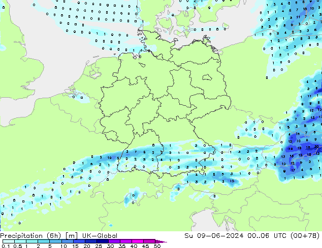 Precipitazione (6h) UK-Global dom 09.06.2024 06 UTC