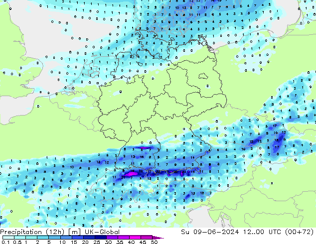 Precipitation (12h) UK-Global Su 09.06.2024 00 UTC