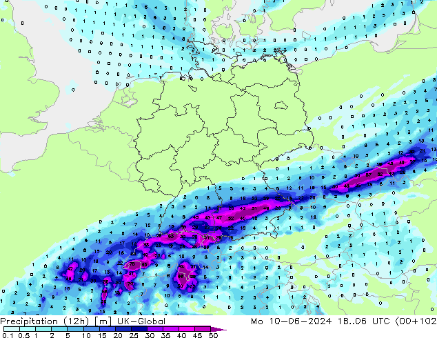 Precipitation (12h) UK-Global Mo 10.06.2024 06 UTC