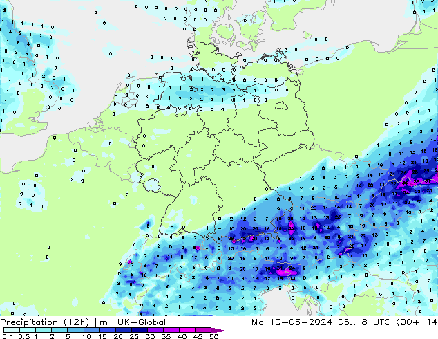 осадки (12h) UK-Global пн 10.06.2024 18 UTC