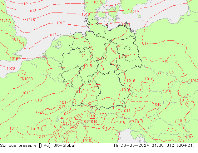 Presión superficial UK-Global jue 06.06.2024 21 UTC
