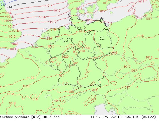 Pressione al suolo UK-Global ven 07.06.2024 09 UTC