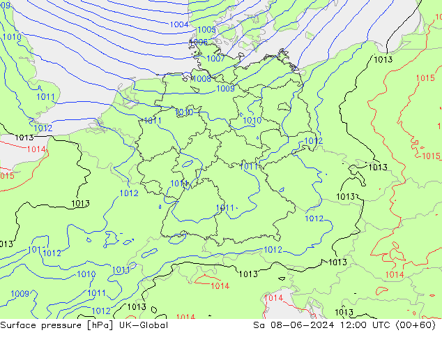 Pressione al suolo UK-Global sab 08.06.2024 12 UTC