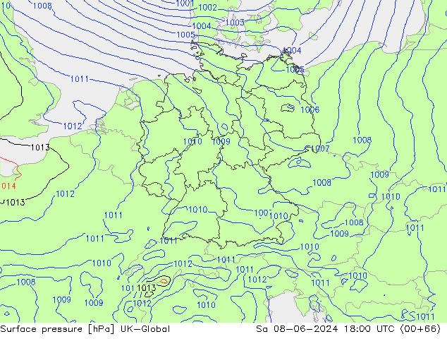 Atmosférický tlak UK-Global So 08.06.2024 18 UTC