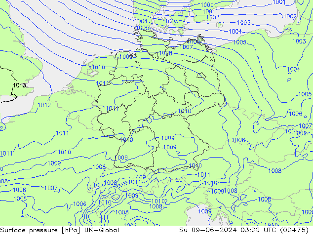 Pressione al suolo UK-Global dom 09.06.2024 03 UTC