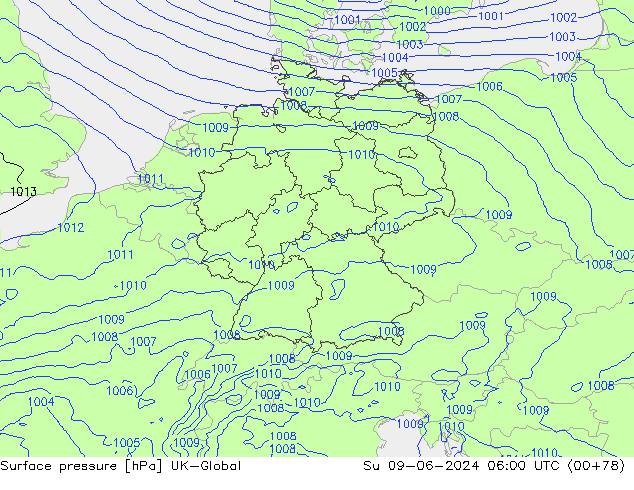 Surface pressure UK-Global Su 09.06.2024 06 UTC