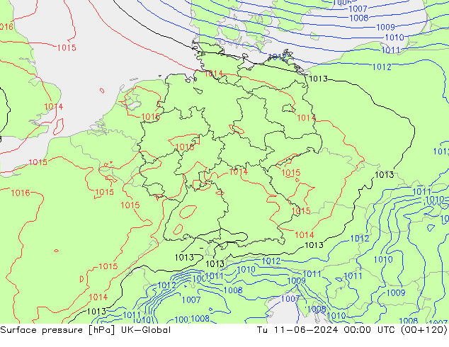 Surface pressure UK-Global Tu 11.06.2024 00 UTC