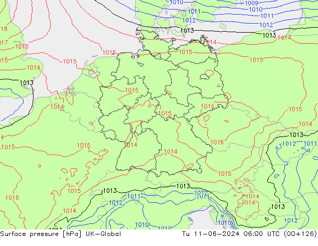 Surface pressure UK-Global Tu 11.06.2024 06 UTC