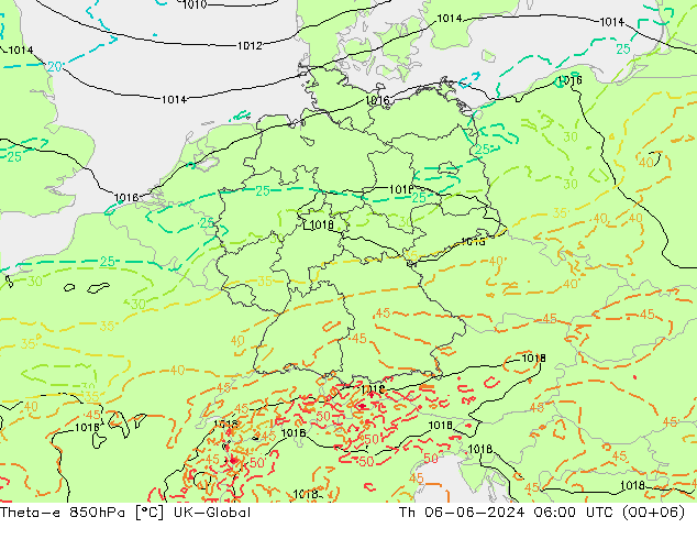 Theta-e 850hPa UK-Global jeu 06.06.2024 06 UTC