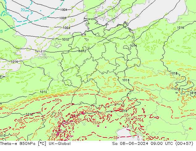 Theta-e 850hPa UK-Global  08.06.2024 09 UTC