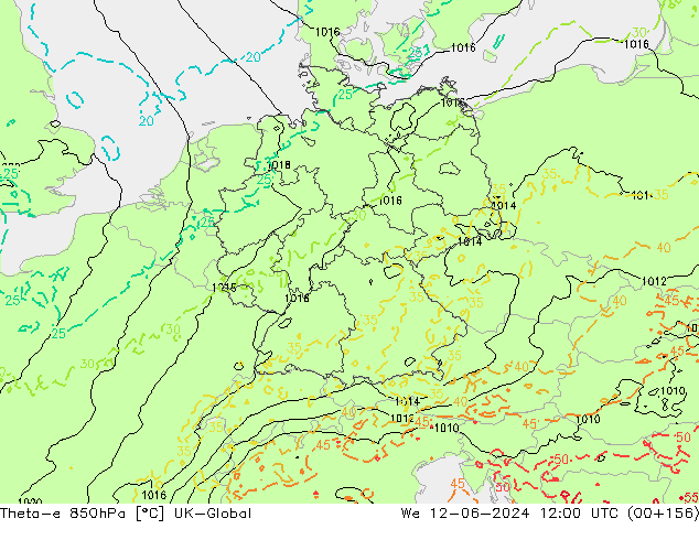 Theta-e 850hPa UK-Global mié 12.06.2024 12 UTC